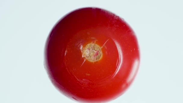 Macro 4k video van knijpen en pletten rijpe rode tomaat op witte achtergrond. Perfecte abstracte achtergrond voor biologisch voedsel en gezonde voeding. Sluitingen van exploderende groenten en stromend sap — Stockvideo