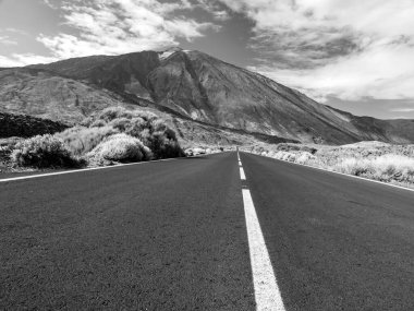 Otoyolun Tenerife Adası 'ndaki volkana giden siyah beyaz görüntüsü.