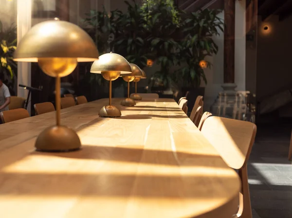 Closeup image of long wooden table and metal lamos in modern library — Stock Photo, Image