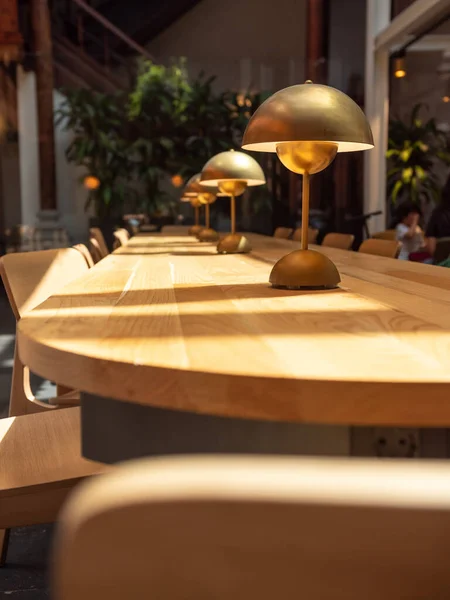 Nahaufnahme von Metalllampen auf langem Holztisch in moderner Bibliothek — Stockfoto