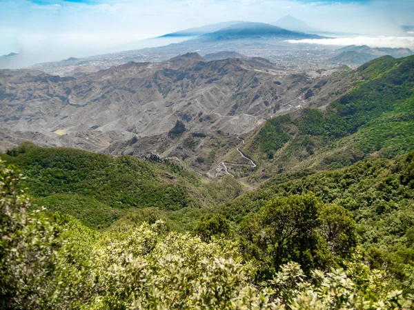 Пейзаж узкой дороги, идущей в горах в яркий солнечный день — стоковое фото