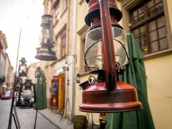 Closeup toned image of old vintage gas lamp on the street of european town — Stock Photo, Image