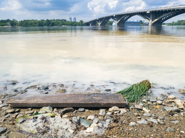 View on the river and riverbank polluted after throwing toxic wastes in water