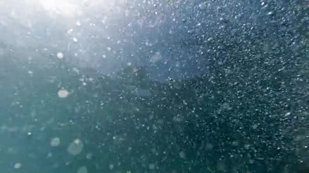 View from the sea bottom on lots of air bubbles floating up to the sea surface in sun rays — Stock Video