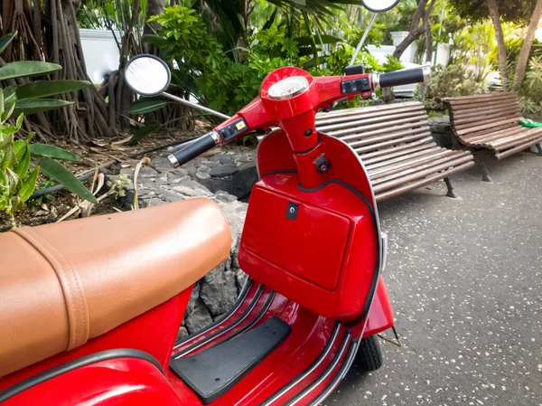 Szoros kép a parkban parkoló piros vintage rollerről — Stock Fotó