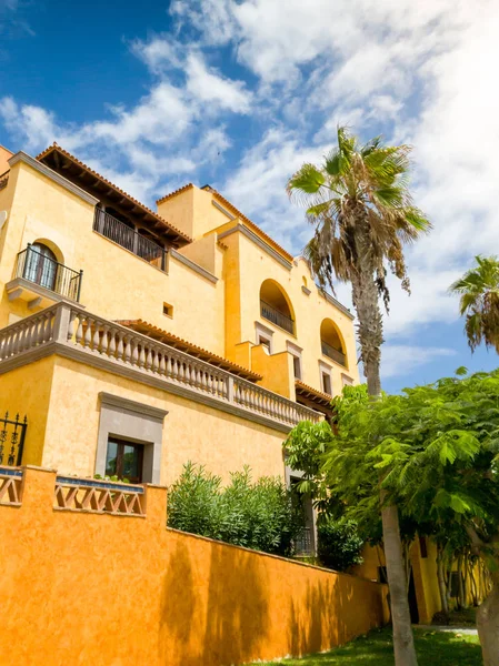 Красивое фото испанского колониального здания и высоких пальм в саду — стоковое фото