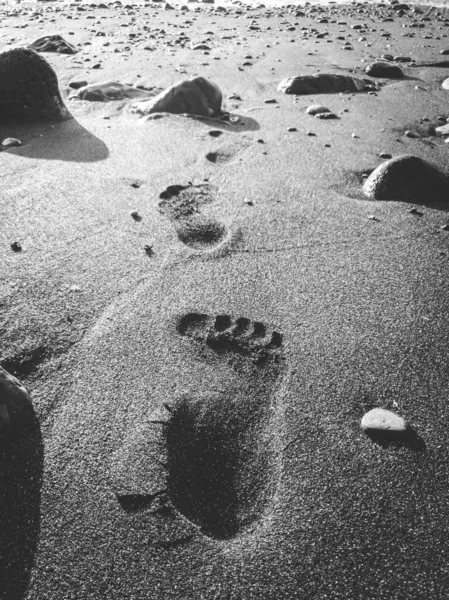 Black and white image of footprints on the beach send going in ocean — Stock Photo, Image