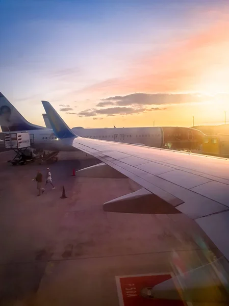 Imagem bonita de asa de avião e aviões estacionados no aeroporto — Fotografia de Stock