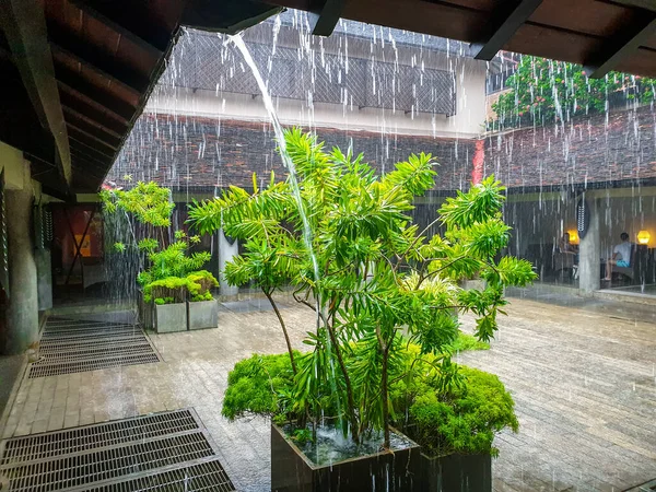 古いアジアの建物で大雨の際に伝統的な木製の屋根から流れる水の流れの美しいイメージ — ストック写真