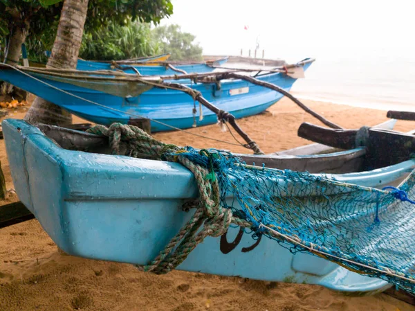 Closeup image of nets, ropes and fishing equipment on old traditional wooden boat at Sri Lanka — Stock Photo, Image