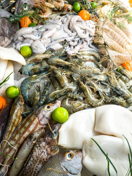 Imagem de perto de peixes frescos, camarões, langoustine, polvo e lagosta no balcão no mercado de frutos do mar — Fotografia de Stock