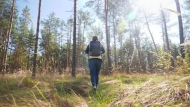 4k slow motion video from low point on young woman hiking in forest and walking on path through big meadow