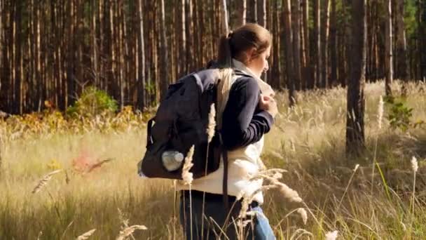 Slow motion 4k video of young female hiker walking on pathway at autumn forest — 图库视频影像