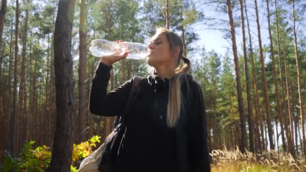 4k video de la cámara volando alrededor de la mujer joven senderismo en el bosque y beber agua de la botella mientras toma un descanso — Vídeos de Stock