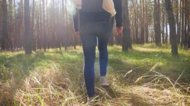 4k video of young woman with backpack walking in forest and stepping over tall grass on meadow