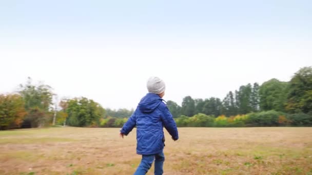 4k видео веселого маленького мальчика, быстро бегущего по меду или полю рядом с лесом осенью — стоковое видео
