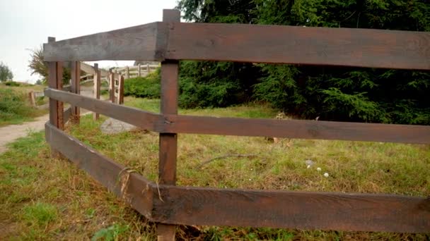 4k video of camera slowly moving along long wooden fence at rancho — Stock video