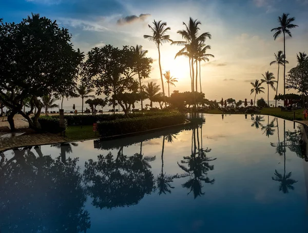 Verbazingwekkend beeld van infinity zwembad en palmbomen grwoing op tropisch eiland bij zonsopgang — Stockfoto