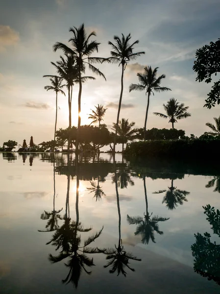 Silhouetten van hoge kokospalmen die groeien aan de rand van het zwembad bij zonsondergang — Stockfoto