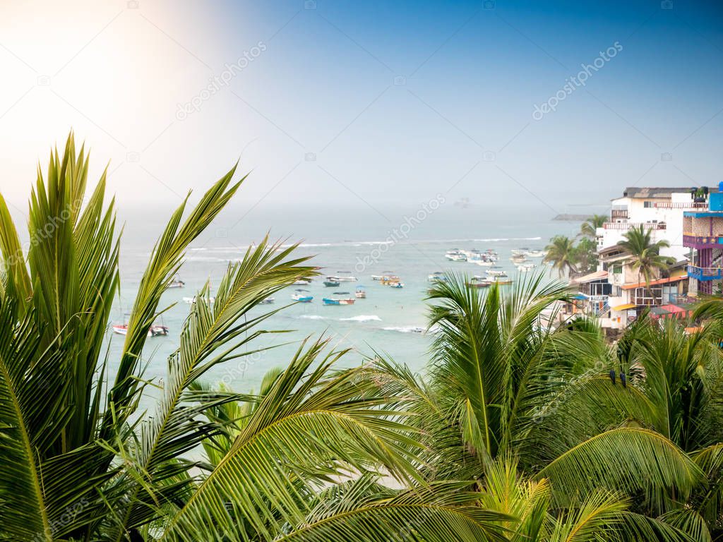 Beautiful image of palm tree tops and small town on the tropical island at ocean