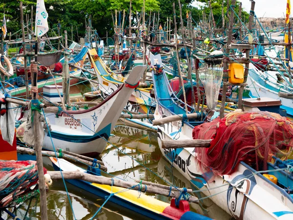 Closeup image of fishing nets and equipment for cathching fish in boats at harbour at Sri Lanka — Stock Photo, Image