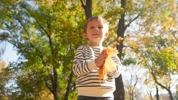 4k video šťastného usmívajícího se chlapečka házet podzimní dovolenou ve fotoaparátu a skákání vysoko — Stock video