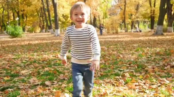 4k metraje de alegre sonriente y riendo niño corriendo y persiguiendo a la cámara en el parque de otoño — Vídeo de stock