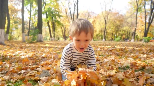 Imágenes en cámara lenta de un niño sonriente recogiendo hojas amarillas y arrojándolas a la cámara en el parque de otoño — Vídeo de stock