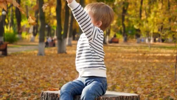 Видео медленного движения счастливого улыбающегося мальчика, сидящего на стуле в парке и бросающего осенние листья — стоковое видео