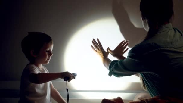 Vidéo 4k de la jeune mère montrant des ombres d'animaux sur le mur de la chambre avec les mains et la lampe de poche avant d'aller dormir avec son fils tout-petit — Video