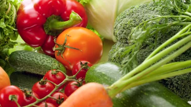 4k closeup panning video of fresh gmo-free vegetables and herbs from farm lying on white background. Concept of healthy nutrition and organic food. Perfect shot for vegetarian or vegan — Stok video