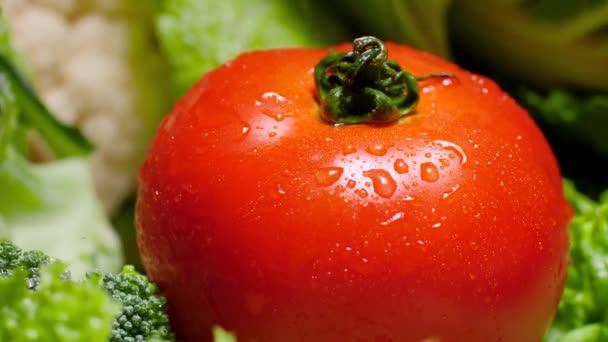 Primer plano 4k video de gotas de agua cayendo y fluyendo hacia abajo de tomate fresco maduro. Concepto de alimentación saludable y alimentos orgánicos. Fondo perfecto para vegetarianos o veganos — Vídeo de stock