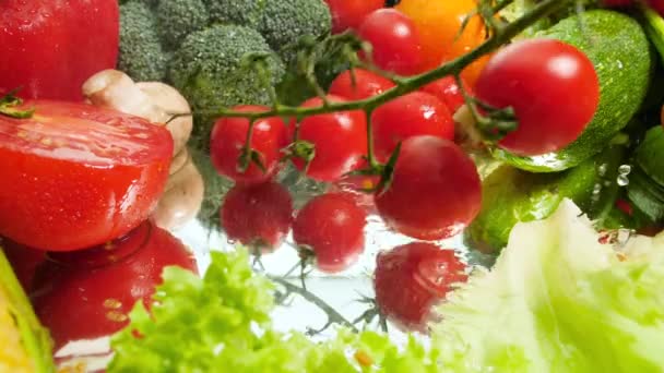 Closeup slow motion video of fresh cherry tomato branch falling on wet table with vegetables. — Stock videók