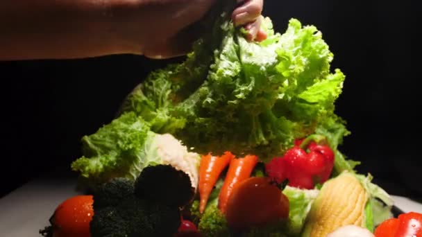 Медленное видео, где женщина-повар трясет влажные листья салата после стирки. Концепция здорового питания и органических продуктов питания. Перфектный фон для фазана или вегана. Кулинария и кулинария — стоковое видео