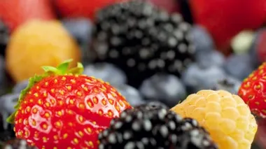 Masadaki böğürtlenlerin büyük çeşitliliğinin yakın çekim makro doli videosu. Mutfak ve sağlıklı yiyecekler için mükemmel soyut arkaplan.