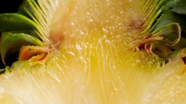 Taze kesilmiş ananas yarısı boyunca hareket eden kameranın 4K makro bebek videosu. Organik yiyecekler ve sağlıklı beslenme için mükemmel bir soyut çekim. Tropik meyveler