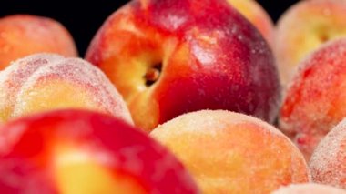 Olgun şeftali ve nektarların su damlası ya da çiğ taneleriyle kaplı 4k doli videosu. Organik gıda ve sağlıklı beslenme için mükemmel bir soyut zemin. Meyvelerin yakınlaştırılması