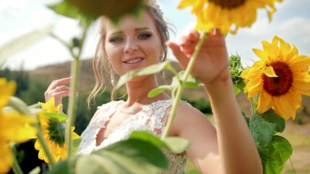 4k video di bella giovane sposa bionda in posa con girasoli su archiviato — Video Stock