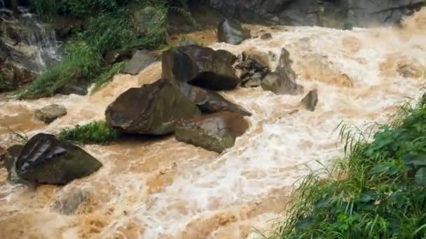 4k filmati di flusso di fango e flusso d'acqua potente che scorre in montagna mentre piove — Video Stock