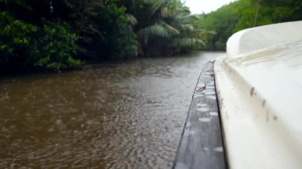 Closeup 4k vídeo de gotas de água da chuva caindo sobre a vela motorbaot no rio na floresta de mangue — Vídeo de Stock