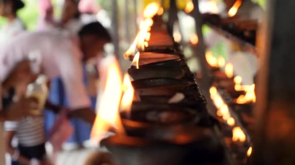 Closeup 4k video hořící olejové lampy a uctívání náboženských lidí v oltáři v buddhistickém chrámu — Stock video