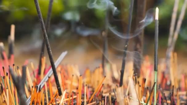 Close-up dolly vídeo de queima de paus de incenso em budista ou templo hindu — Vídeo de Stock