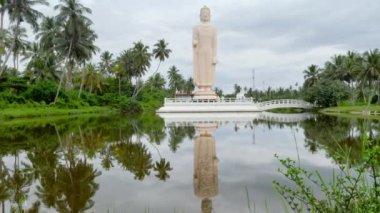 Sri Lanka 'daki orman ormanlarındaki güzel gölün yanında duran Buda heykelinin 4k doli videosu.