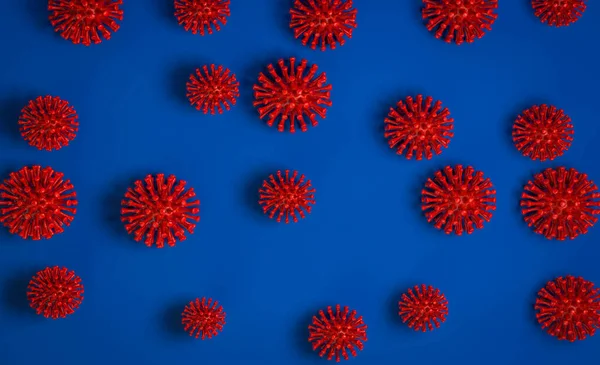 Mavi üzerine virüs modellerinin 3 boyutlu arkaplanı. Coronavirus ve COVID-19 küresel epidemi arka planı. Corona Virüsü Pandemisi — Stok fotoğraf