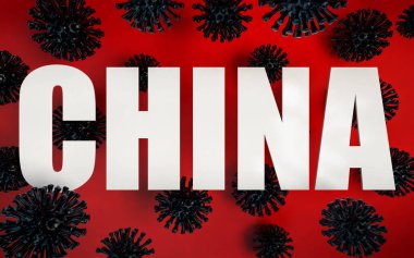 Coronavirus modellerinin 3 boyutlu pankartı ve Çin 'de Coronavirus ve COVID-19 epidemi uyarısı. Corona virüsü pandemisi. 2019-nCov virüs salgını