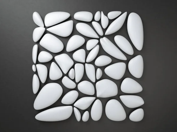 Siyah arkaplan üzerinde beyaz çakıl taşlarının 3D görüntüsü kare çerçeve oluşturuyor. Siyah yüzeydeki beyaz taşların soyut minimalist görüntüsü — Stok fotoğraf