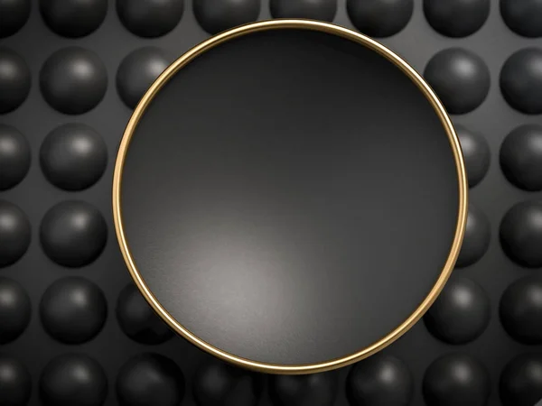 3d render of black empty plate with golden ring over black spheres and background. Perfect illustration for placing your text or object. Banner with copyspace in minimalistic style — Stock Photo, Image