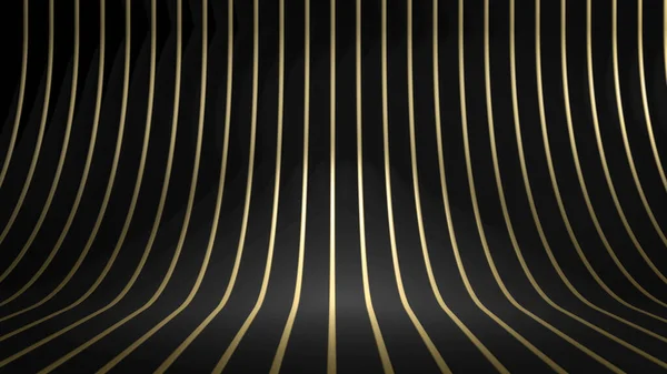 3D-Darstellung von goldenen geschwungenen Streifen oder Linien auf schwarzem Hintergrund. Perfekte Illustration, um Ihren Text oder Ihr Objekt zu platzieren. Hintergrund mit Kopierraum im minimalistischen Stil — Stockfoto