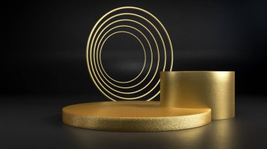 Siyah zemin üzerinde 3D altın yuvarlak sahne, kaide ya da podyum. Ürününüzü podyuma çıkarmak için mükemmel bir örnek. Soyut minimalist arkaplan ya da maket