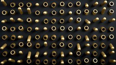 Siyah arkaplan üzerindeki altın silindirlerin ve şekillerin üç boyutlu görüntüsünü oluştur. Metin veya nesneyi yerleştirmek için mükemmel bir illüstrasyon. Telif alanı minimalist tarzda arkaplan. Minimalist